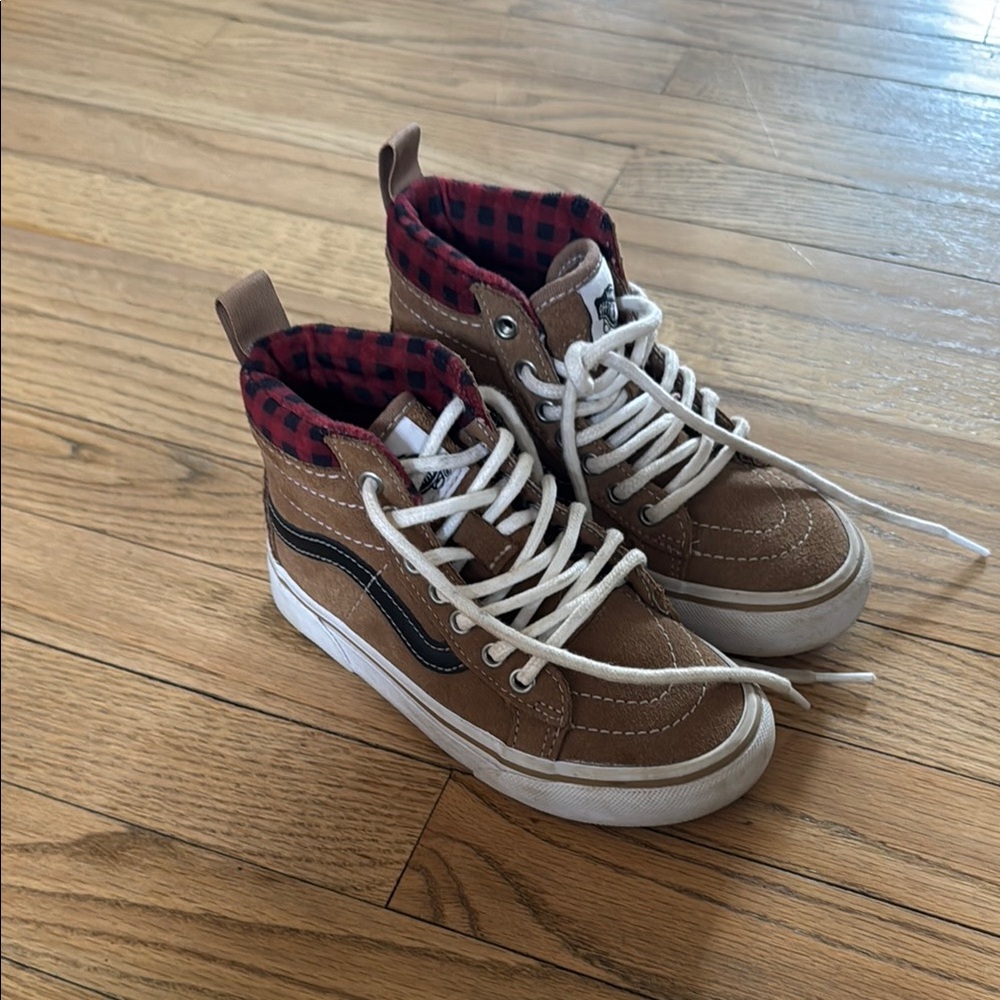Vans Brown High-Top Sneakers with Red Plaid Lining